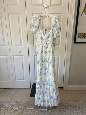 LoveShackFancy White Maxi Dress with Blue Floral Print